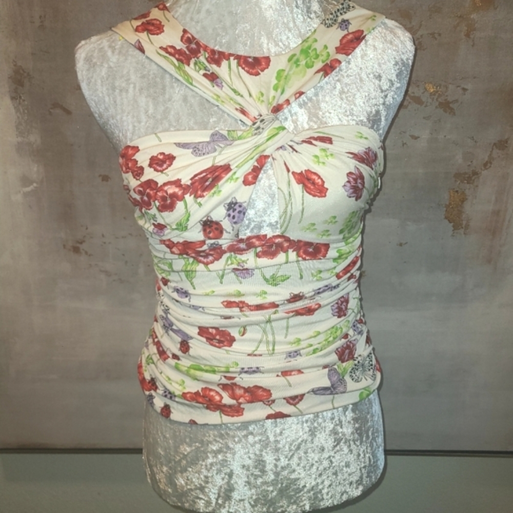 Vintage Versace White and Red Floral Ruched Fitted Tank Top